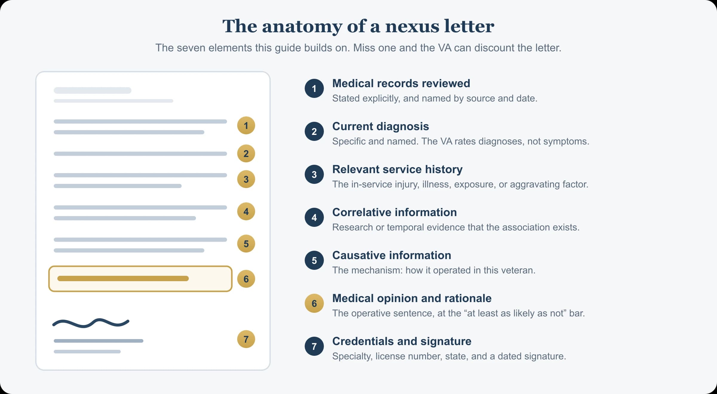 The seven elements of a nexus letter mapped onto the page: medical records reviewed, current diagnosis, relevant service history, correlative information, causative information, the medical opinion and rationale at the at least as likely as not standard, and provider credentials and signature.