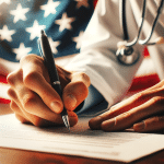 Close-up of a doctor writing a nexus letter with the VA logo, highlighting medical professionals' involvement in VA claims