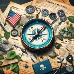 A symbolic representation of a veteran's journey in navigating the VA claims process, featuring a compass and claim documents amidst symbols of military service and toxic exposure.