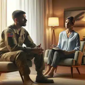 Veteran attending a counseling session for mental health issues related to chemical exposure.