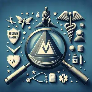A contemplative image highlighting the diligent exploration of hidden health risks in veterans' service, with a magnifying glass, healthcare symbols, and a stoic veteran embodying the thorough pursuit of deserved benefits and care.