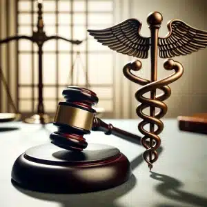 A gavel and a medical report on a judge's bench, representing the use of a nexus letter in VA claim appeals.