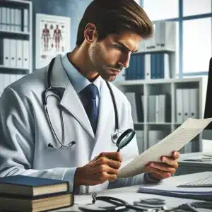 A doctor reviewing a medical document with a magnifying glass, symbolizing the detailed examination in a nexus letter
