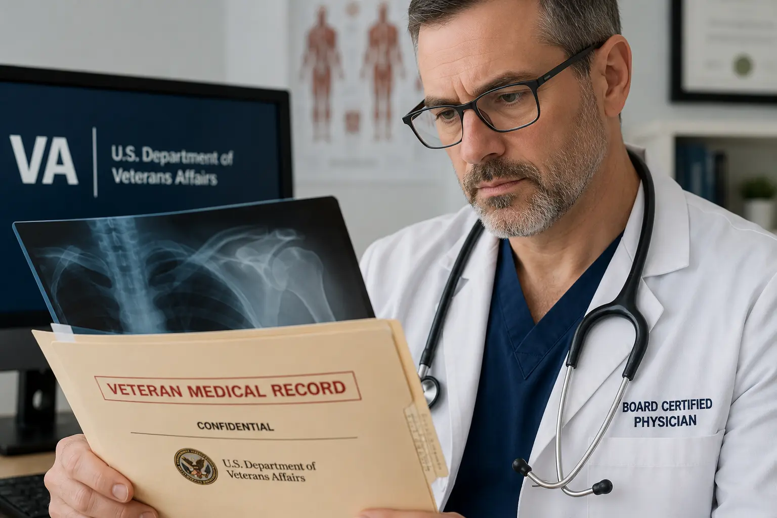 Board-certified physician reviewing veteran medical records for a VA nexus letter