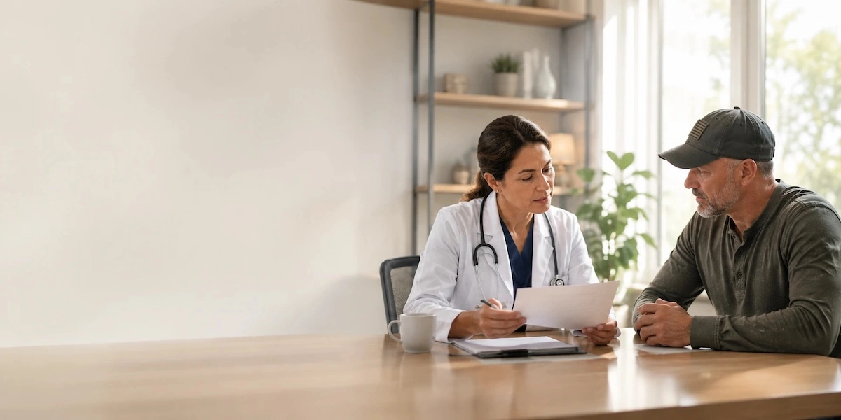 Veteran reviewing VA records with a physician at Patriot Path